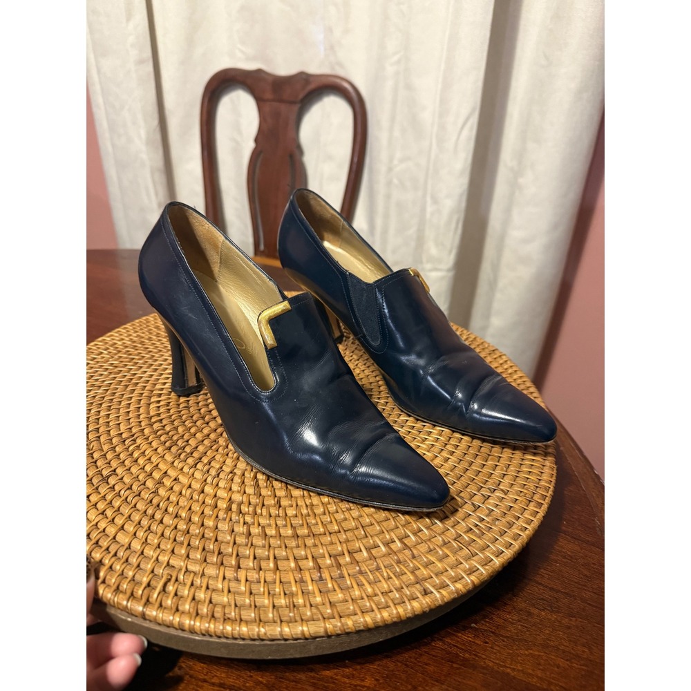 Norma B Navy Blue Leather Pointed Toe Pumps Gold Detail Made in Spain Heels 7.5M
